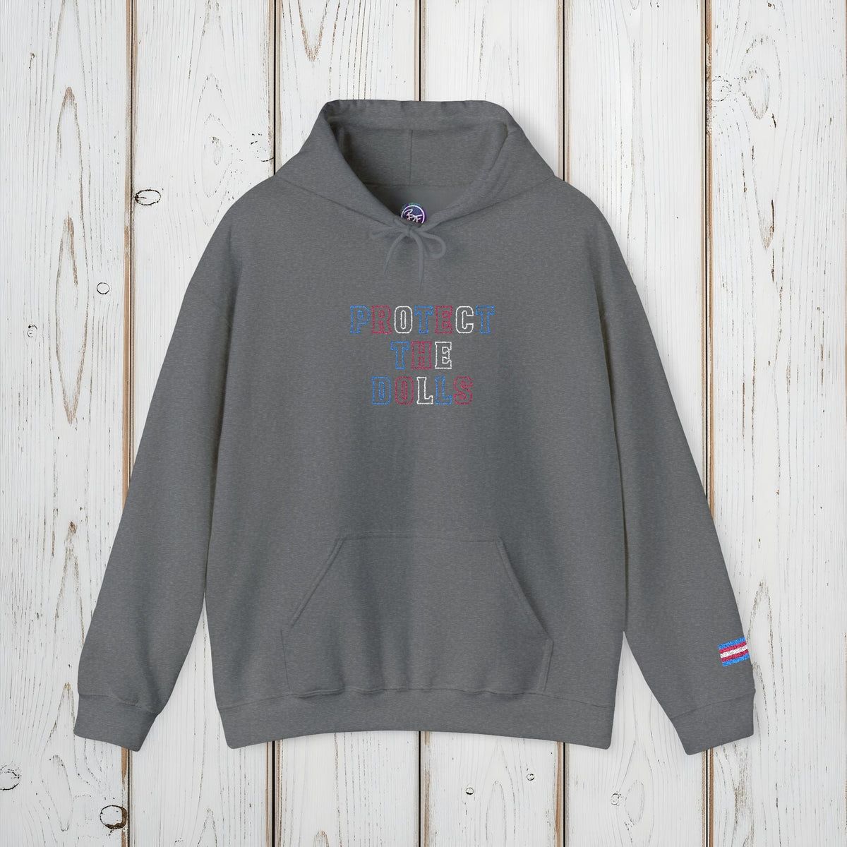 Bespattered Facade Protect the Dolls LGBTQ+ Pride Trans Support Embroidered Unisex Heavy Blend™ Hooded Sweatshirt