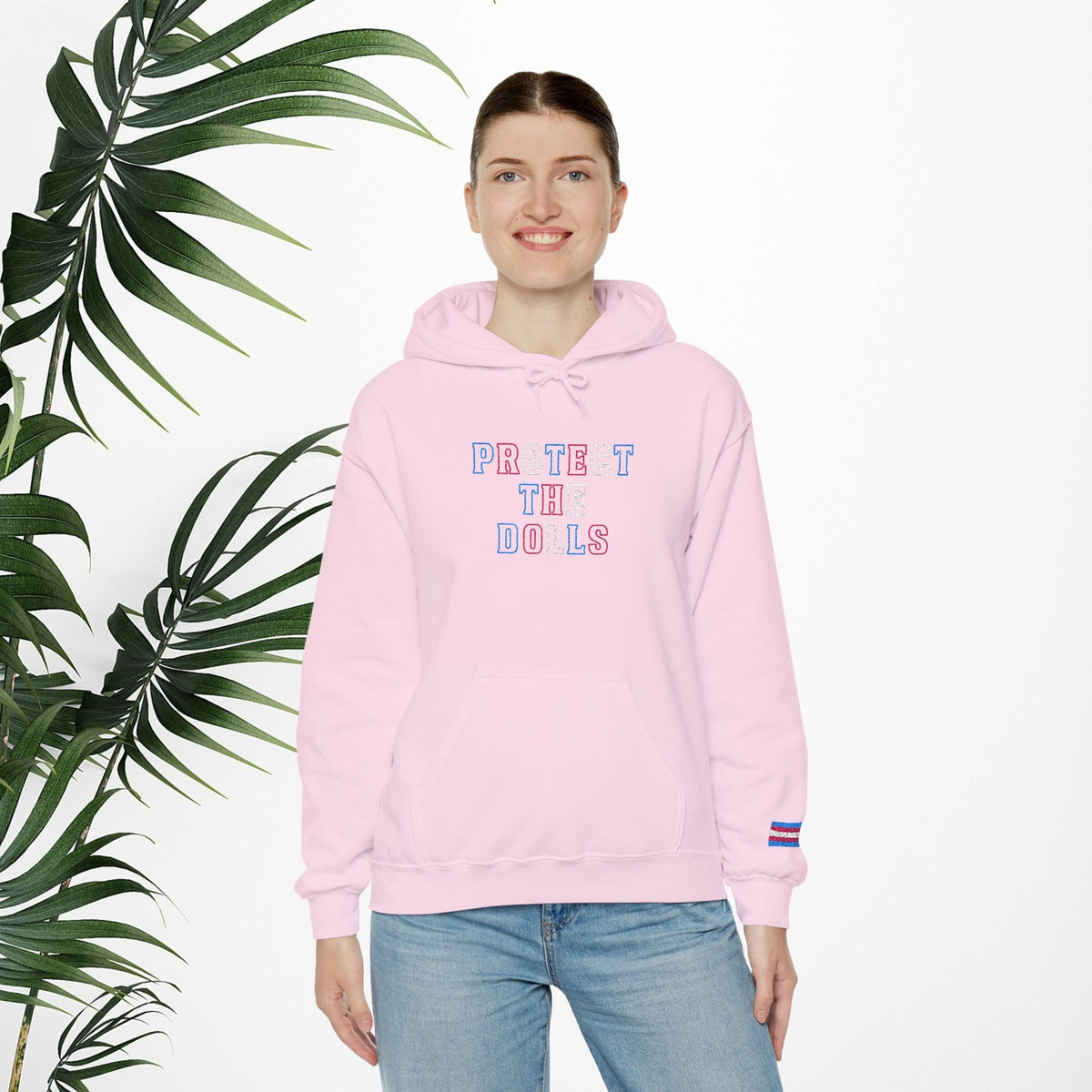 Bespattered Facade Protect the Dolls LGBTQ+ Pride Trans Support Embroidered Unisex Heavy Blend™ Hooded Sweatshirt