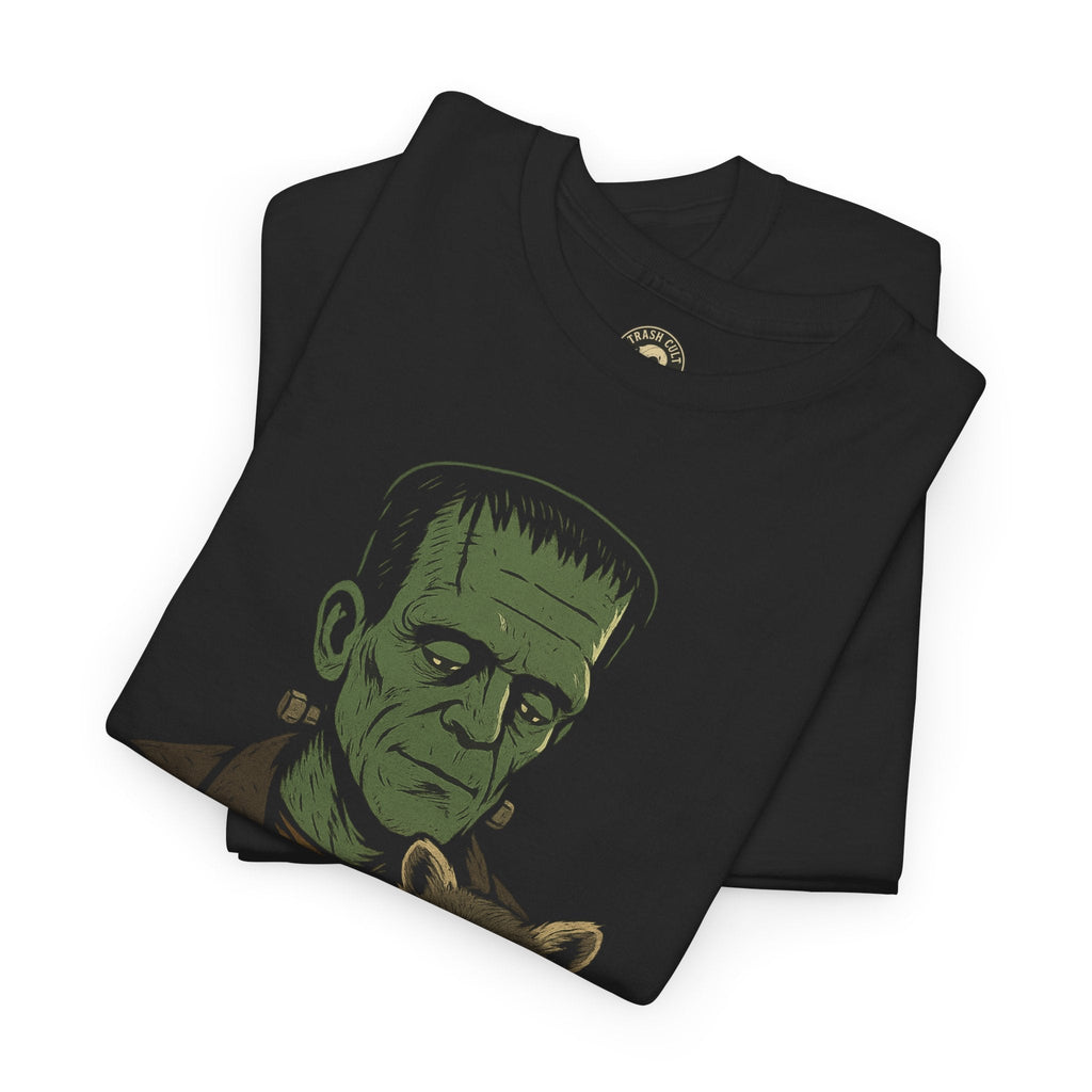 Frankenstein with Pet Raccoon T-Shirt – Funny Monster Graphic Tee