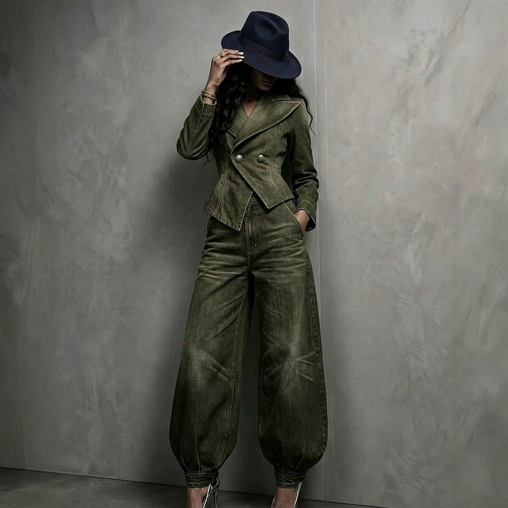 Women's Washed Distressed Denim Asymmetric Double-Breasted Jacket & Balloon-Leg Trouser Set