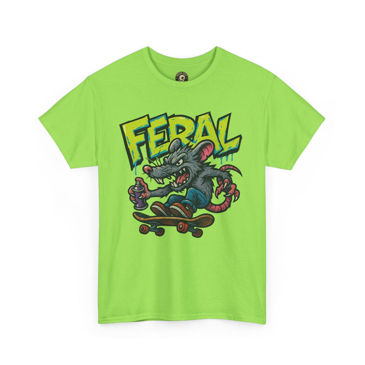 FERAL Graffiti Rat Skate Tee – Street Art Spray Can Mouse on Skateboard | Gildan 5000 Heavy Cotton Shirt