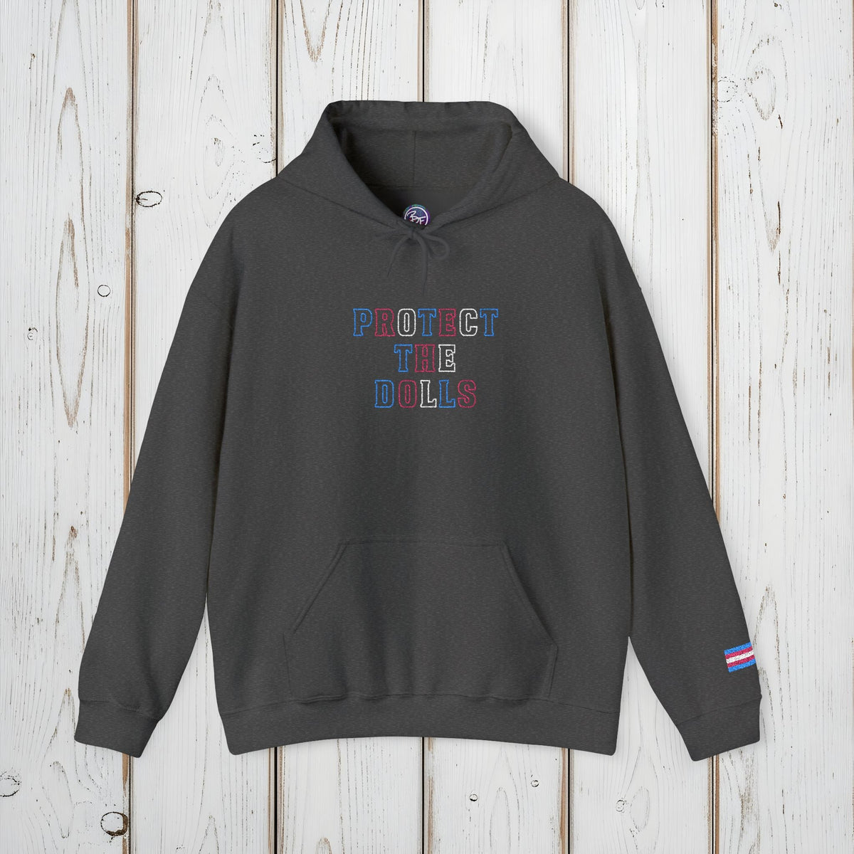 Bespattered Facade Protect the Dolls LGBTQ+ Pride Trans Support Embroidered Unisex Heavy Blend™ Hooded Sweatshirt