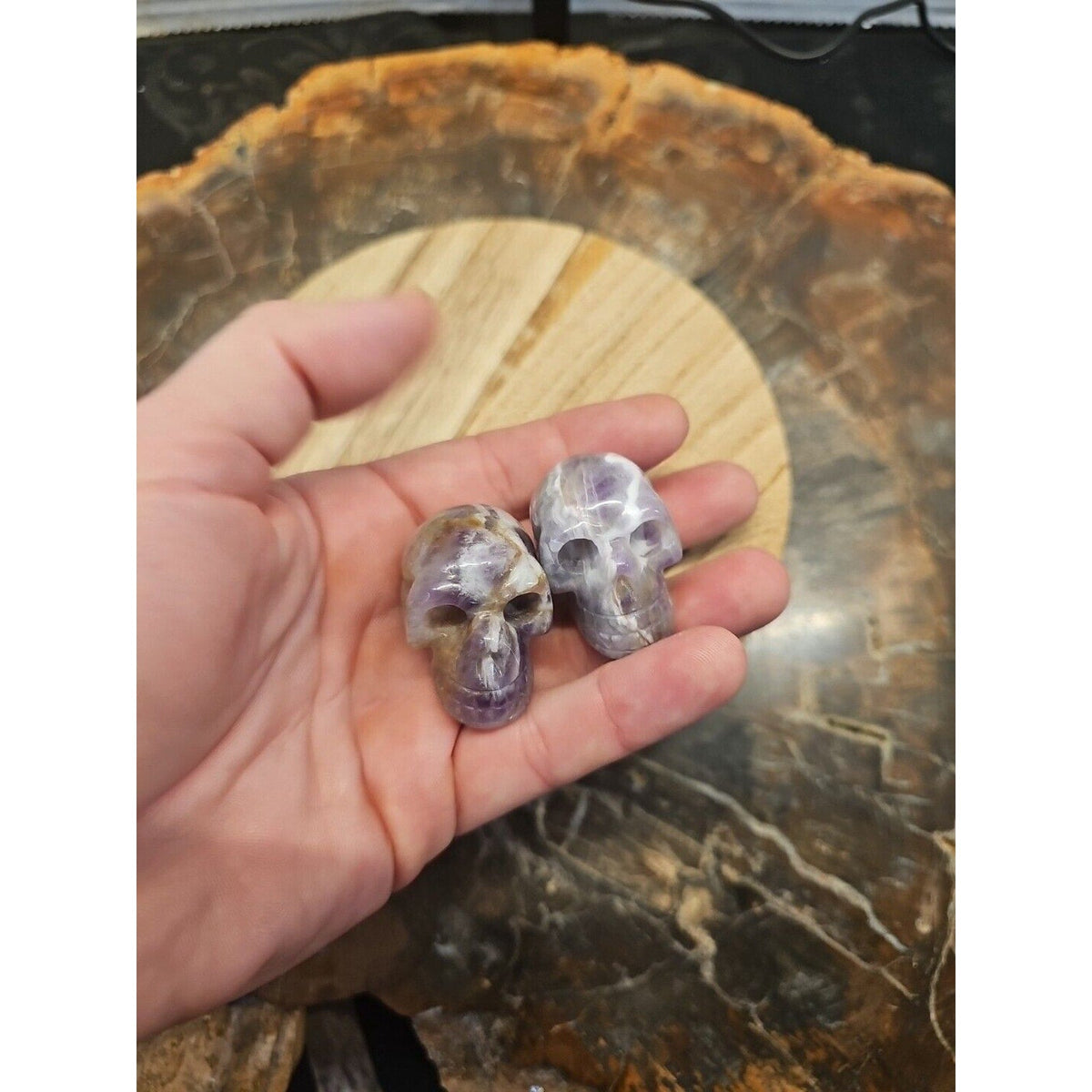 Dream Amethyst Crystal Skull Pair — Purple-White Banding, 93g