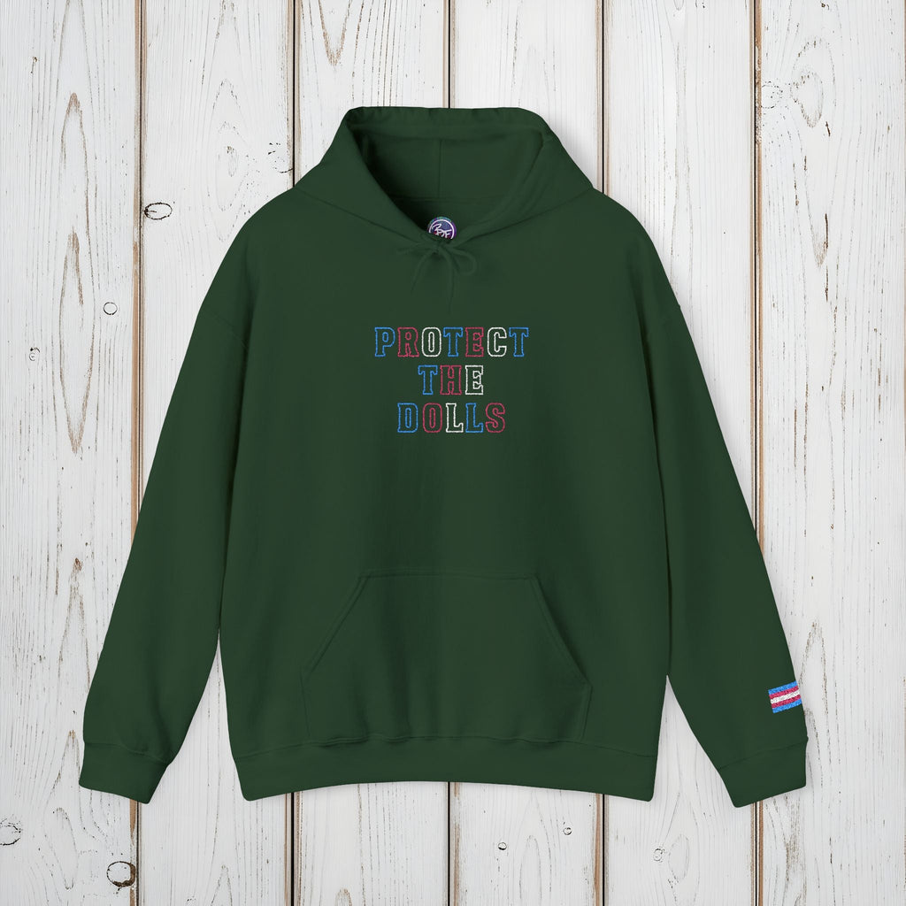Bespattered Facade Protect the Dolls LGBTQ+ Pride Trans Support Embroidered Unisex Heavy Blend™ Hooded Sweatshirt
