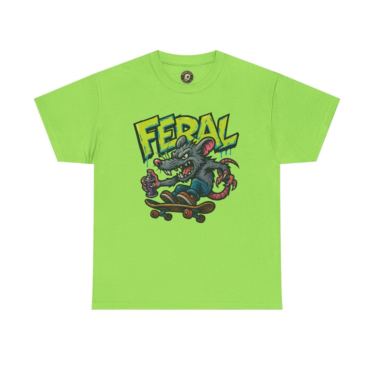 FERAL Graffiti Rat Skate Tee – Street Art Spray Can Mouse on Skateboard | Gildan 5000 Heavy Cotton Shirt