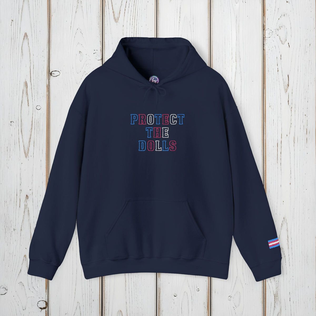 Bespattered Facade Protect the Dolls LGBTQ+ Pride Trans Support Embroidered Unisex Heavy Blend™ Hooded Sweatshirt