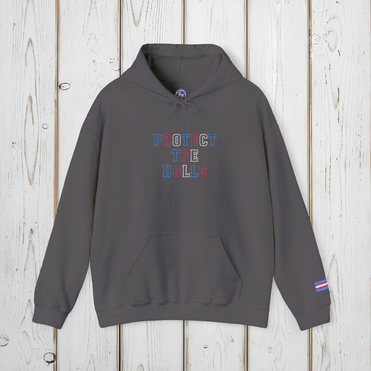 Bespattered Facade Protect the Dolls LGBTQ+ Pride Trans Support Embroidered Unisex Heavy Blend™ Hooded Sweatshirt