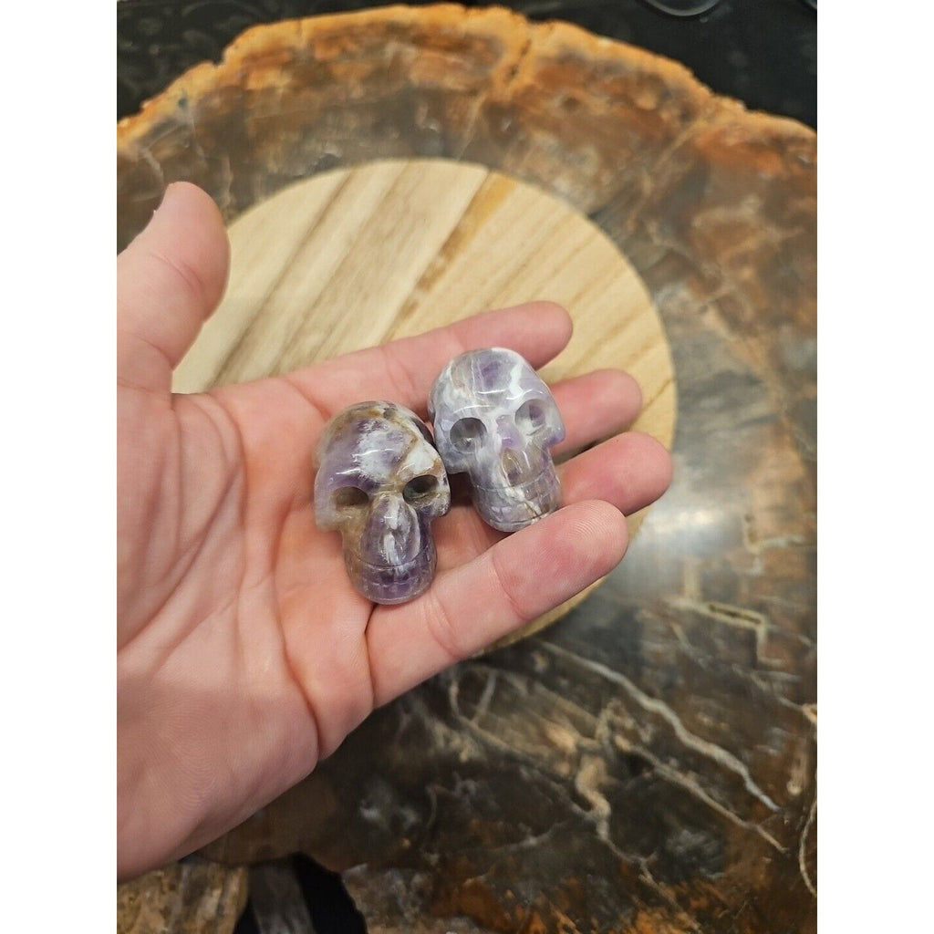 Dream Amethyst Crystal Skull Pair — Purple-White Banding, 93g