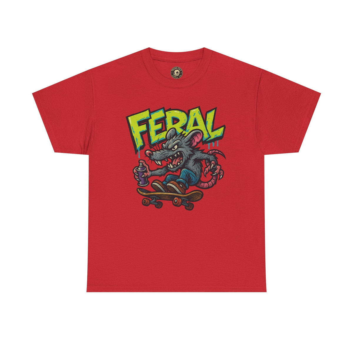 FERAL Graffiti Rat Skate Tee – Street Art Spray Can Mouse on Skateboard | Gildan 5000 Heavy Cotton Shirt