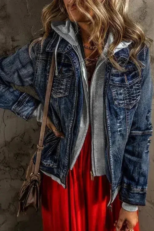 Black Fake Two-Piece Hooded Zip-Up Denim Jacket