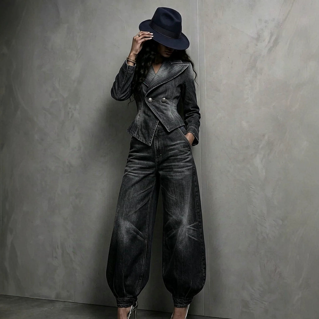 Women's Washed Distressed Denim Asymmetric Double-Breasted Jacket & Balloon-Leg Trouser Set