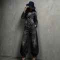 Women's Washed Distressed Denim Asymmetric Double-Breasted Jacket & Balloon-Leg Trouser Set