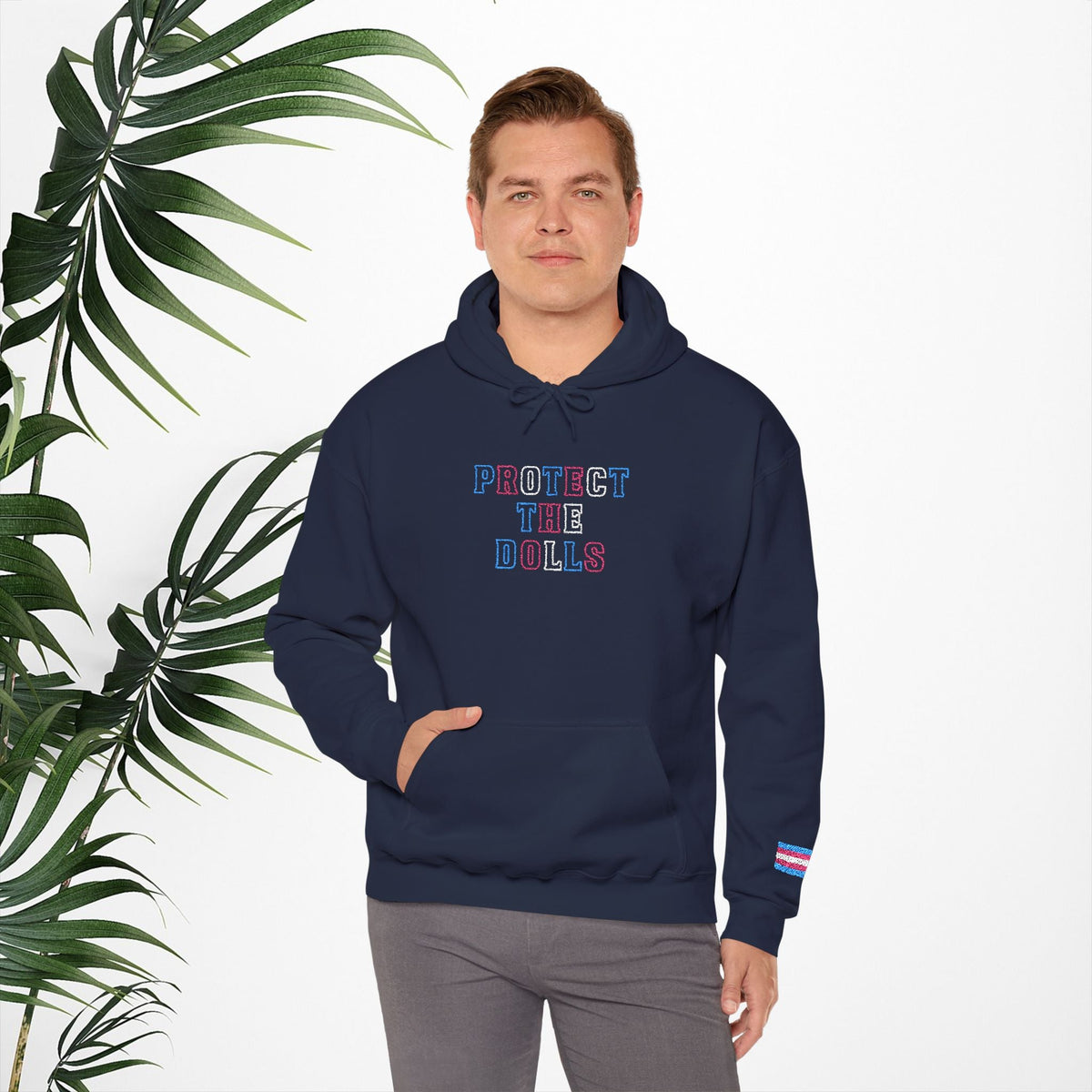 Bespattered Facade Protect the Dolls LGBTQ+ Pride Trans Support Embroidered Unisex Heavy Blend™ Hooded Sweatshirt