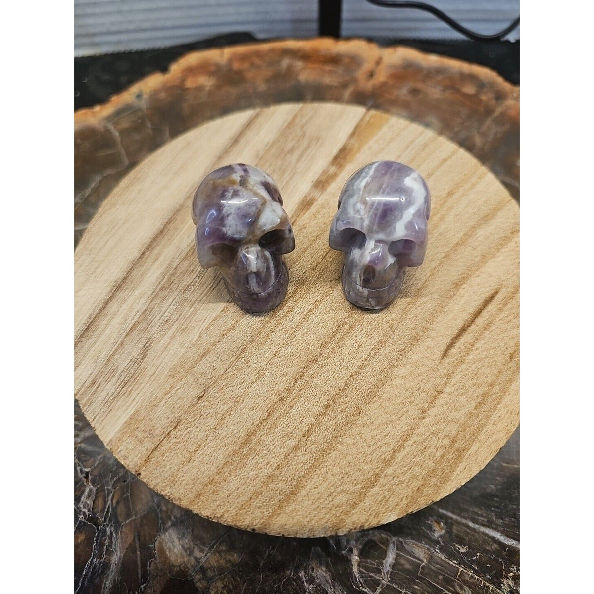 Dream Amethyst Crystal Skull Pair — Purple-White Banding, 93g