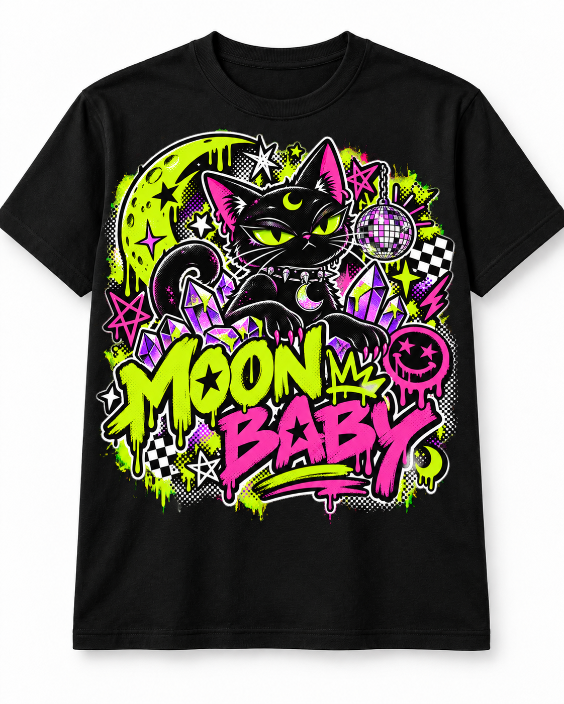 Moon Baby – Neon Goth Cat Unisex Tee on black T-shirt design mockup