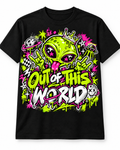 Out of This World – Neon Alien Graffiti Unisex Tee on black T-shirt design mockup