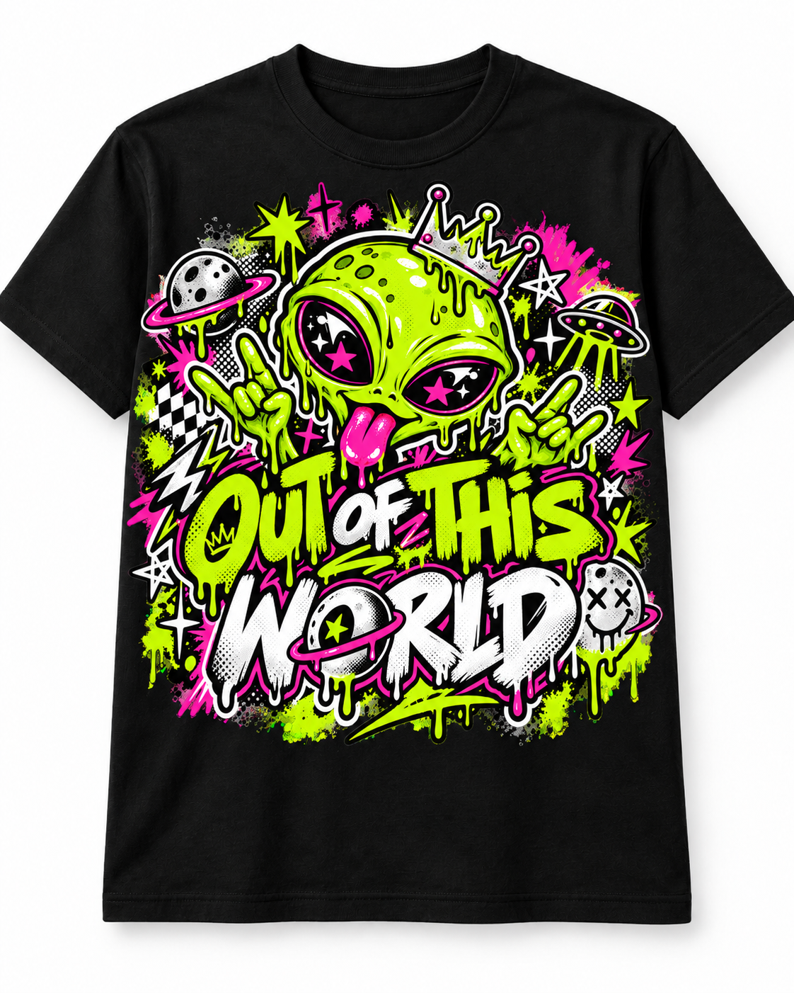 Out of This World – Neon Alien Graffiti Unisex Tee on black T-shirt design mockup