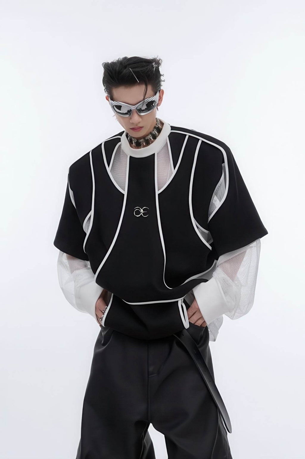 Deconstructed Split Hoodie - Heavyweight Metal Trim with Shoulder Pads