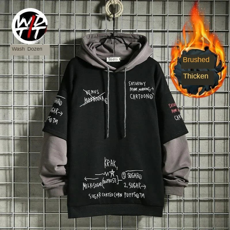 Men's Sweater Retro Mock Two-Piece Hooded Korean Hip Hop Print Sweatshirt Loose Hoodie Male Fleece Padded Jacket