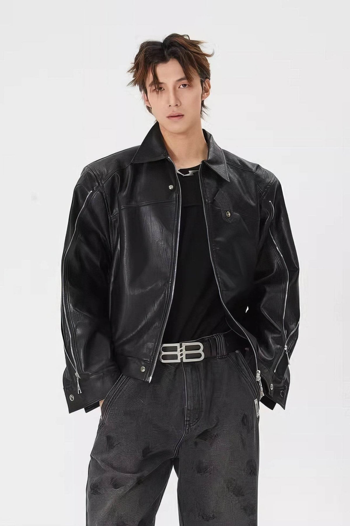 Men's Double Zipper Shoulder-Padded Leather Jacket