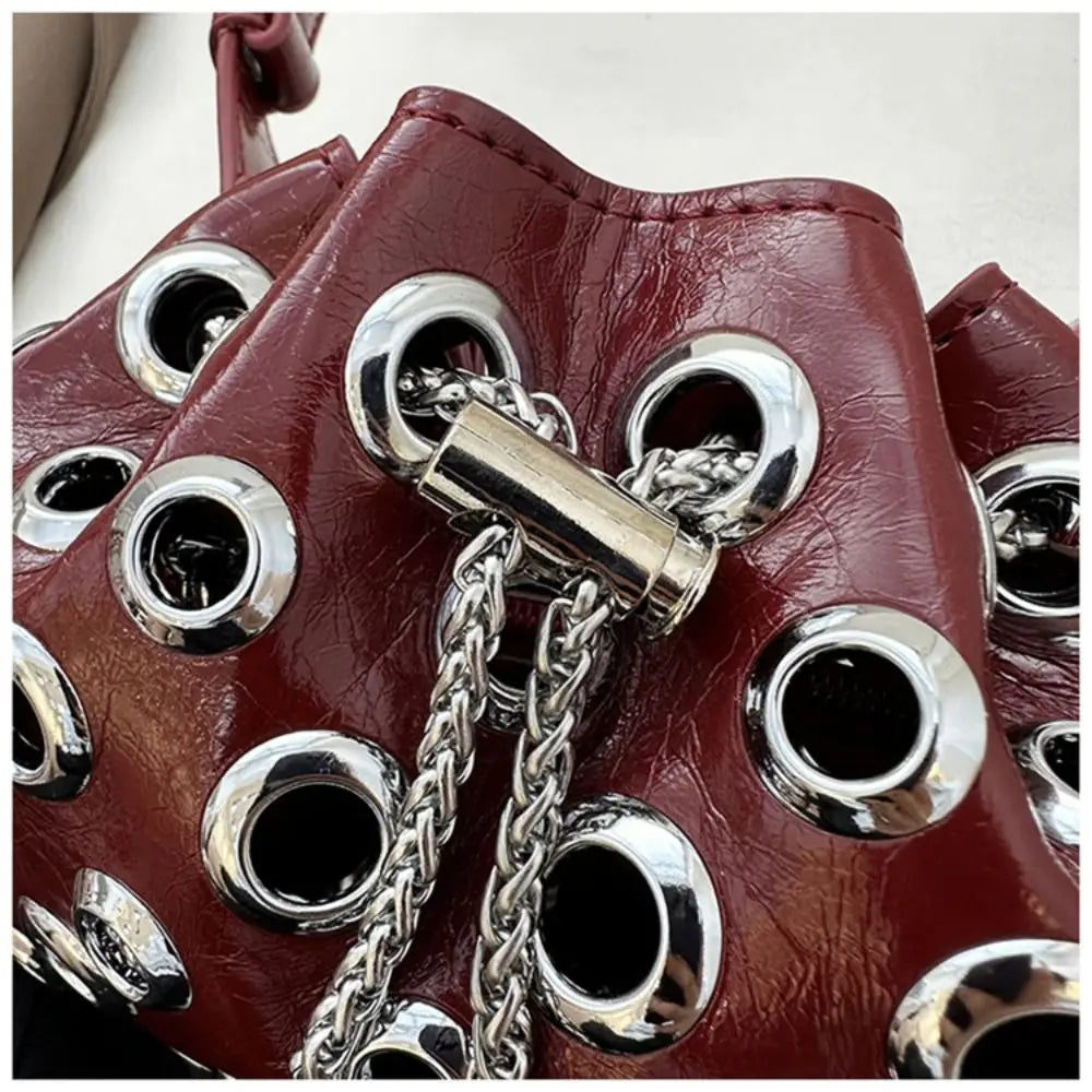 Portable Metal Stud Rivet Shoulder Bag Spicy Girl Chain Y2k Underarm Bag Punk Style Handbag Drawstring Crossbody Bag Daily