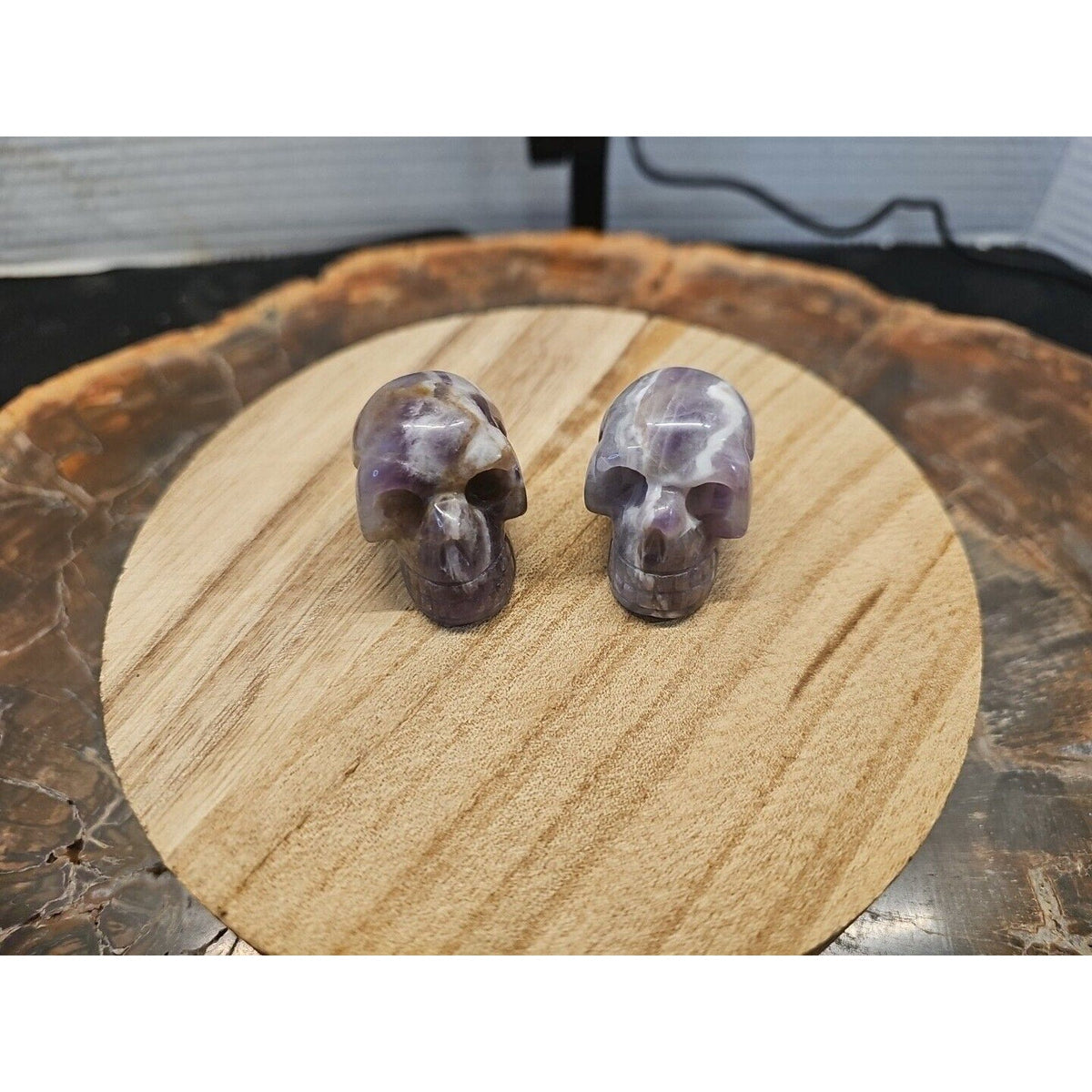 Dream Amethyst Crystal Skull Pair — Purple-White Banding, 93g
