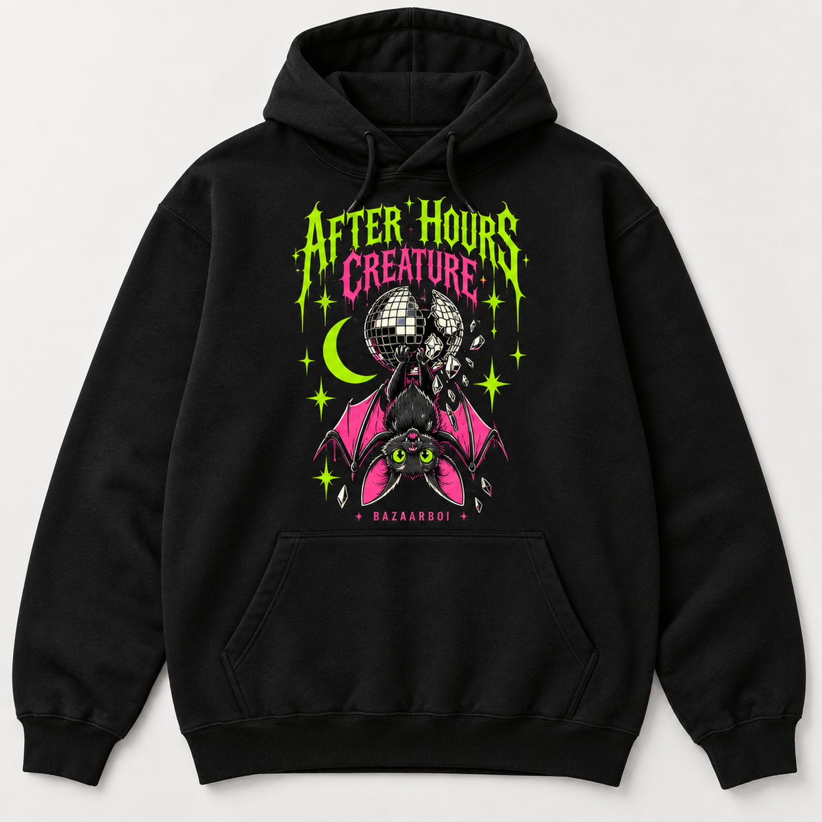 After Hours Creature BazaarBoi black hoodie concept with bat and disco ball