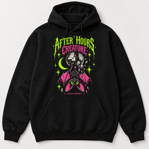 After Hours Creature BazaarBoi black hoodie concept with bat and disco ball