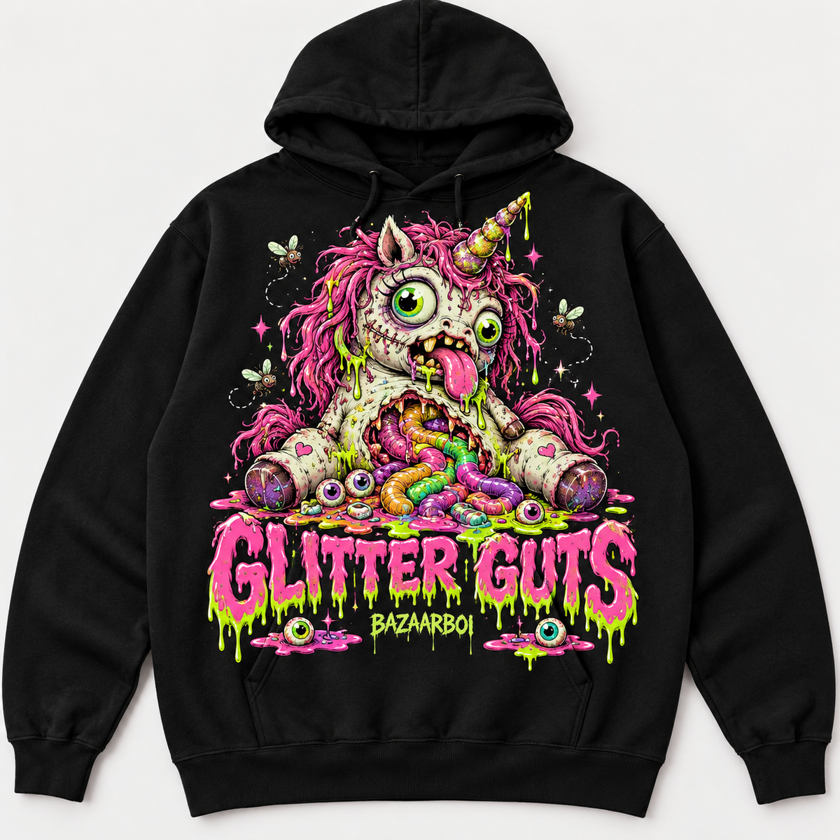 Glitter Guts original horror unicorn black hoodie concept by BazaarBoi