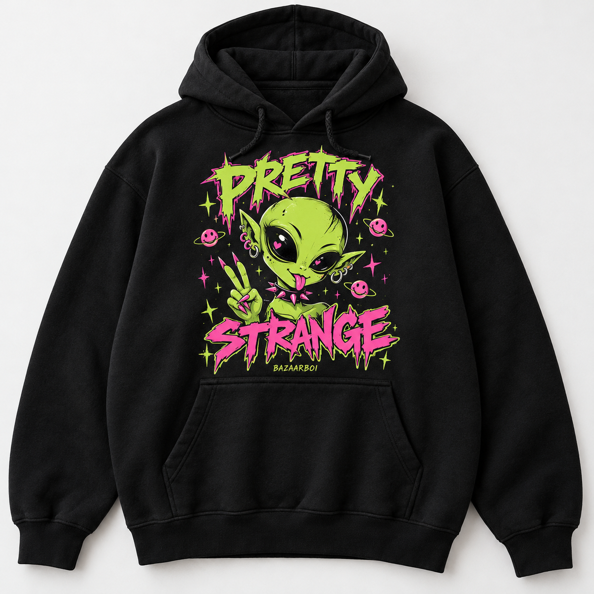 Pretty Strange BazaarBoi black hoodie concept with neon alien graphic