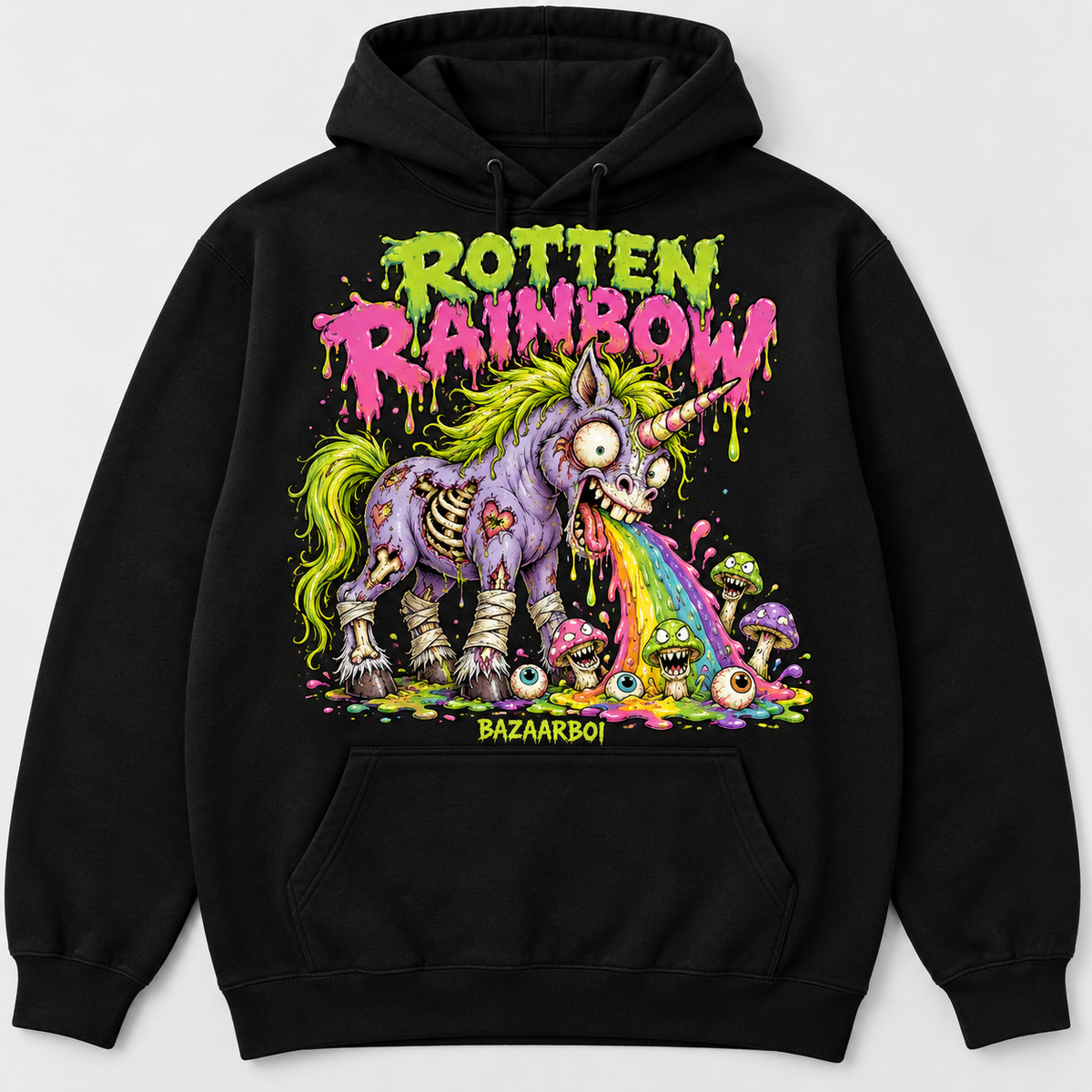 Rotten Rainbow original horror unicorn black hoodie concept by BazaarBoi