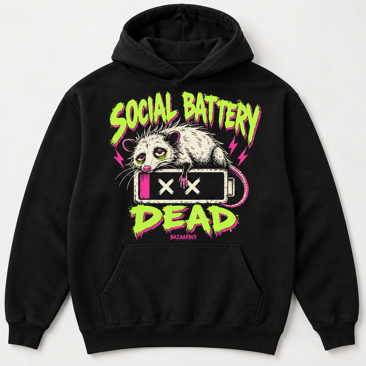 Social Battery Dead BazaarBoi black hoodie concept with opossum graphic