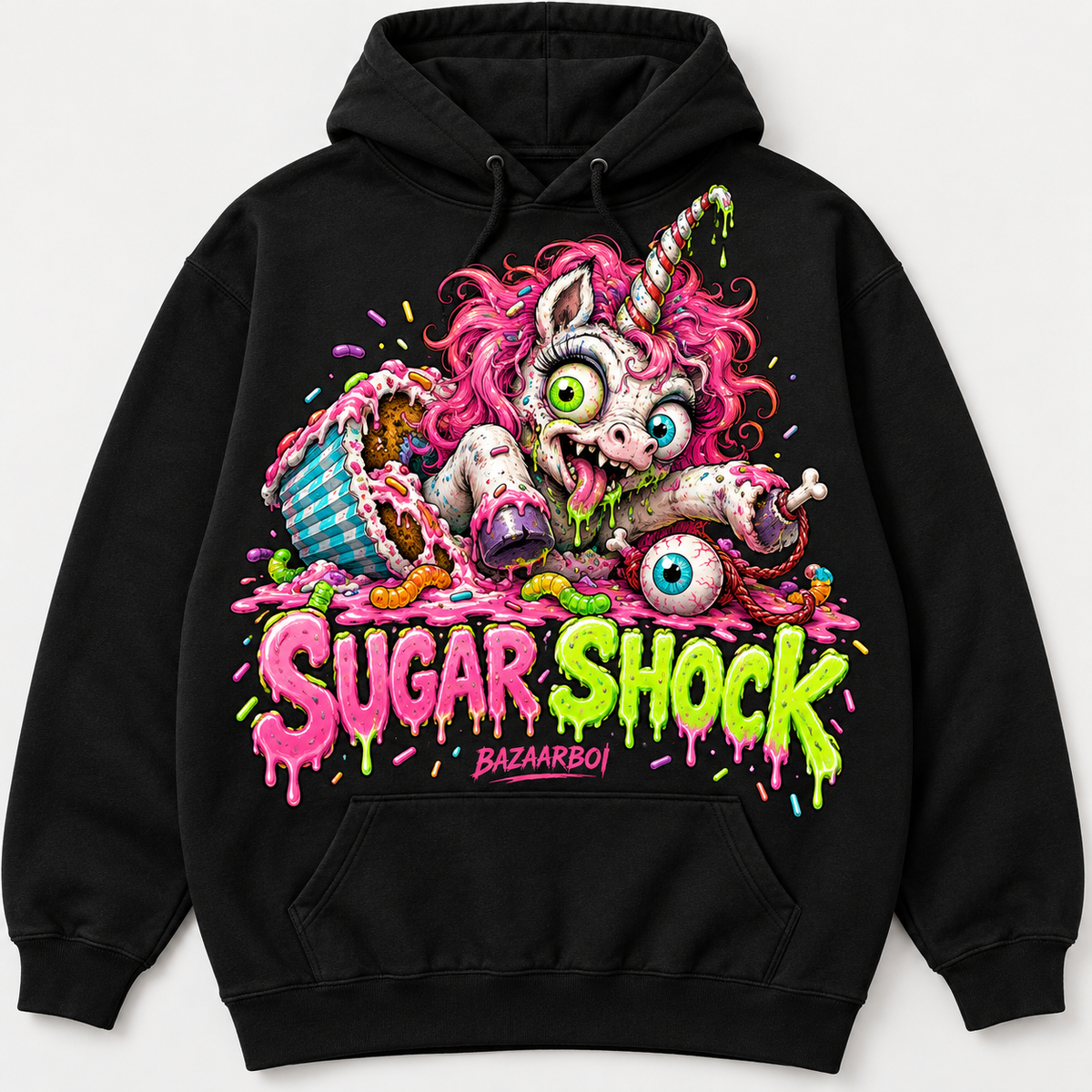 Sugar Shock original horror unicorn black hoodie concept by BazaarBoi