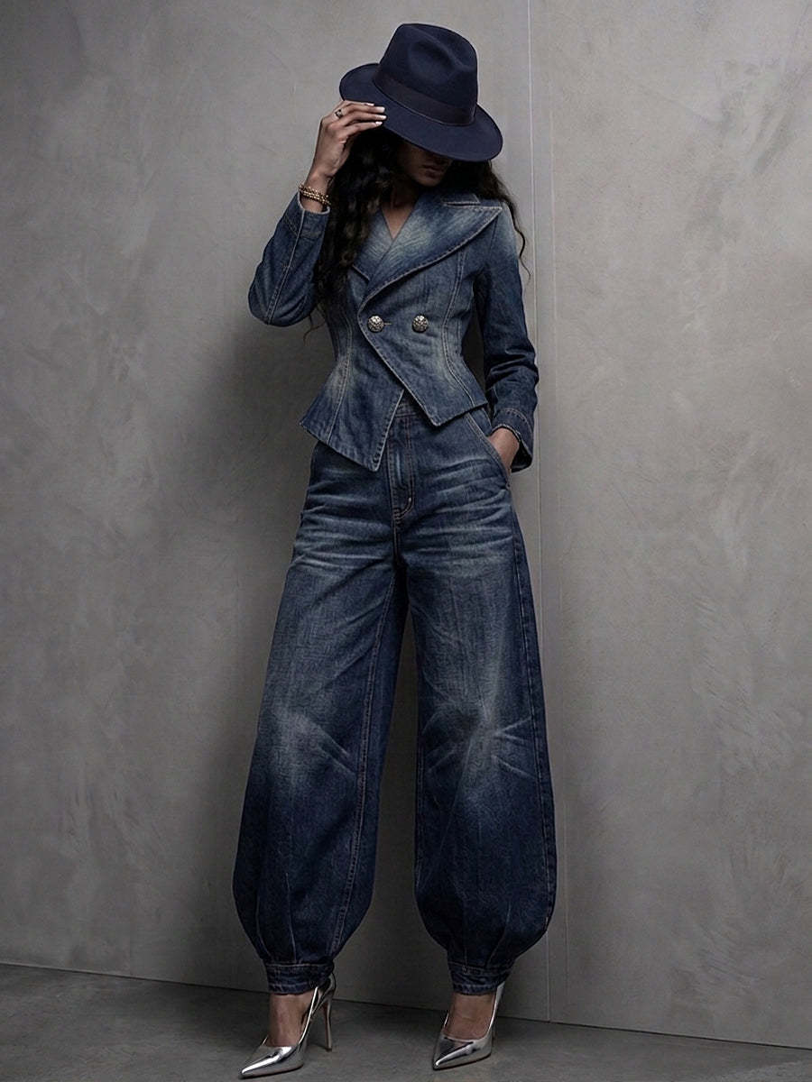 Women's Washed Distressed Denim Asymmetric Double-Breasted Jacket & Balloon-Leg Trouser Set
