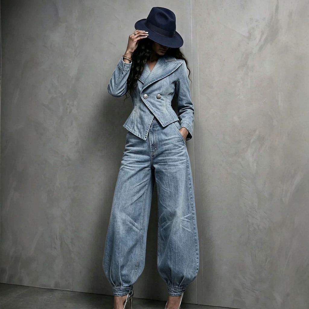 Women's Washed Distressed Denim Asymmetric Double-Breasted Jacket & Balloon-Leg Trouser Set