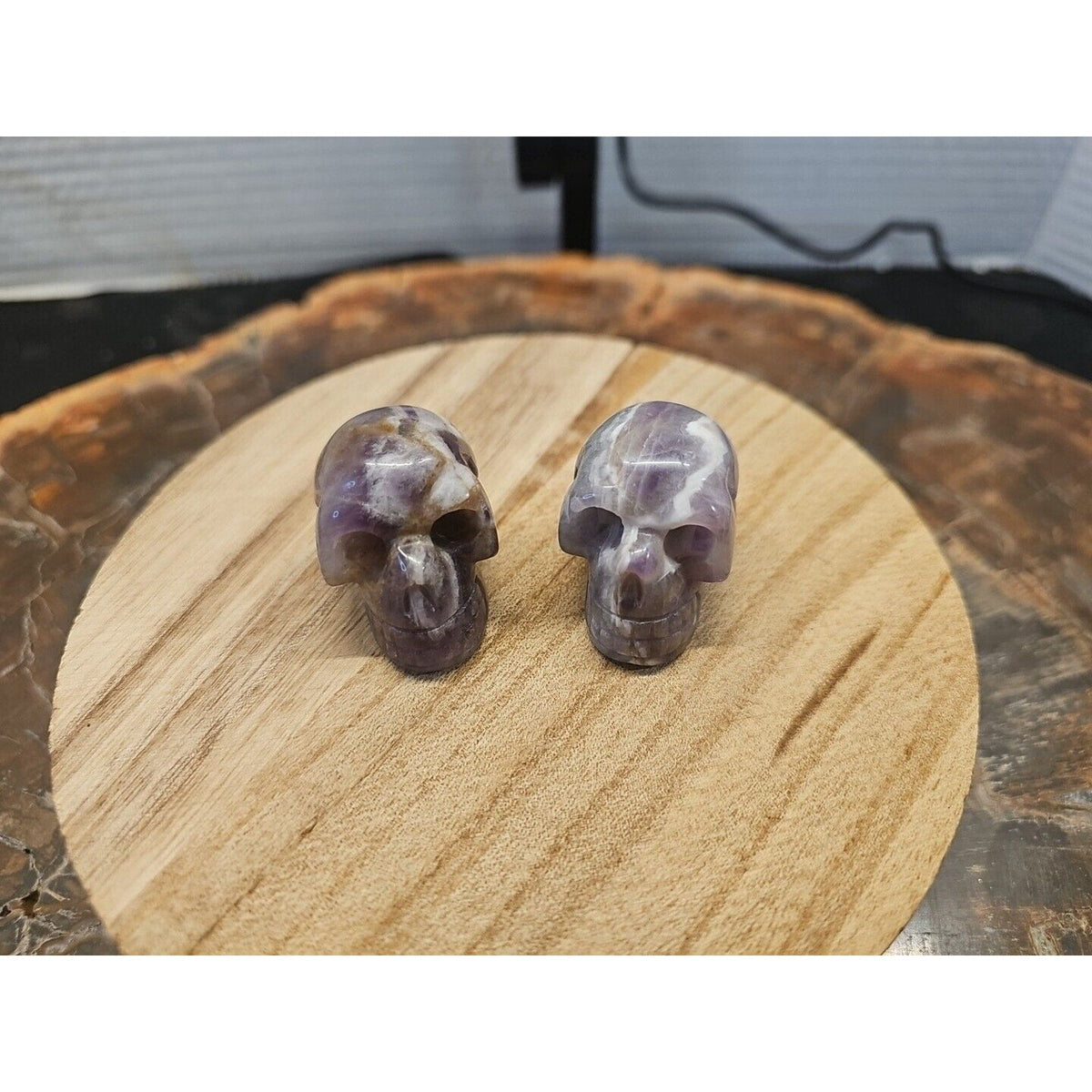 Dream Amethyst Crystal Skull Pair — Purple-White Banding, 93g