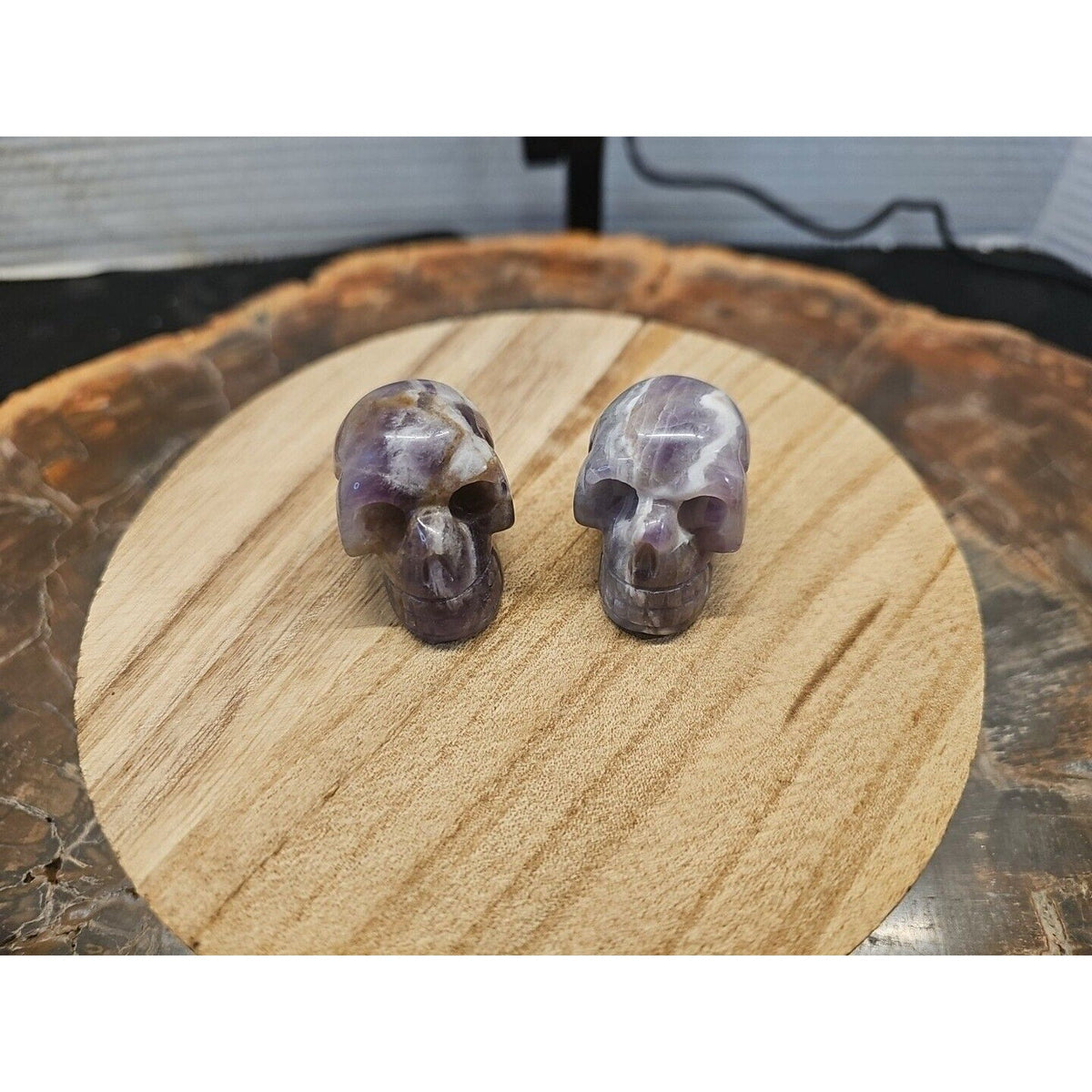 Dream Amethyst Crystal Skull Pair — Purple-White Banding, 93g